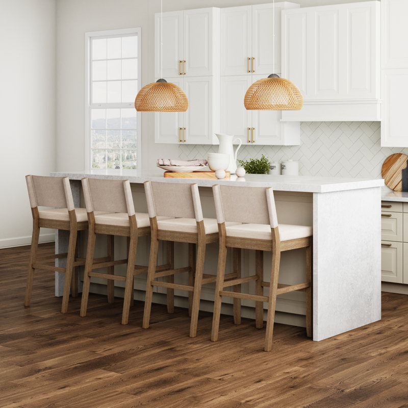 Linus Natural Flax Upholstered Bar Stools with Rubberwood Legs, Set of 4
