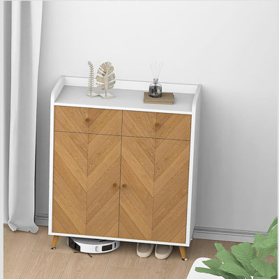 4-Tier Shoe Rack Organizer with 2 Drawer, Wooden Shoe Storage Cabinet with 2 Door & Adjustable Shelves