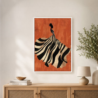 Zebra-Striped Gown Flowing Silhouette Canvas Wall Art with Floating Frame, Ready to Hang