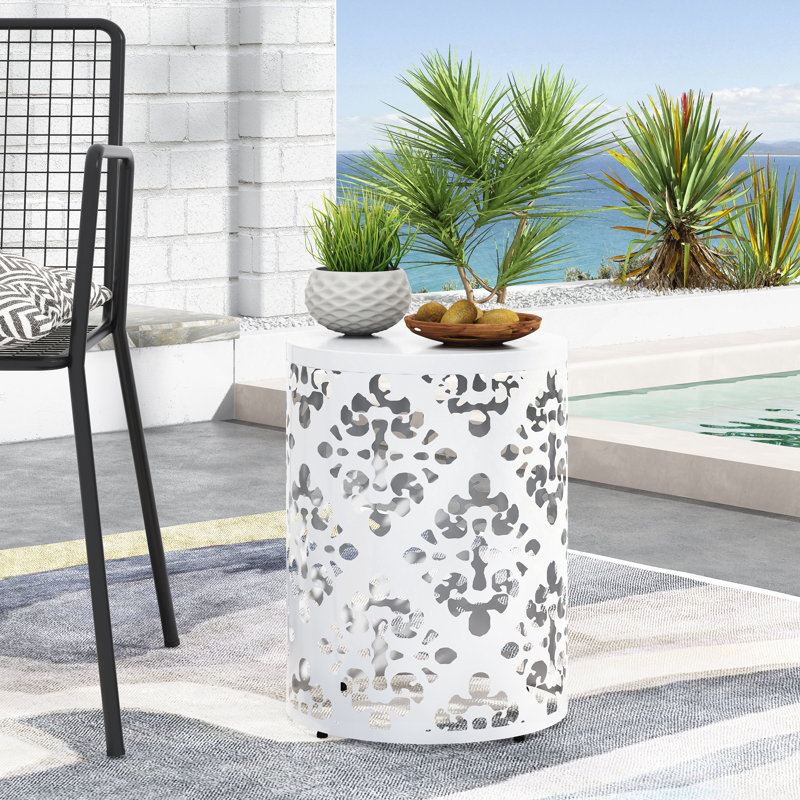 Charmante table d'appoint d'extérieur en métal avec une fabrication durable et un design élégant, Blanc