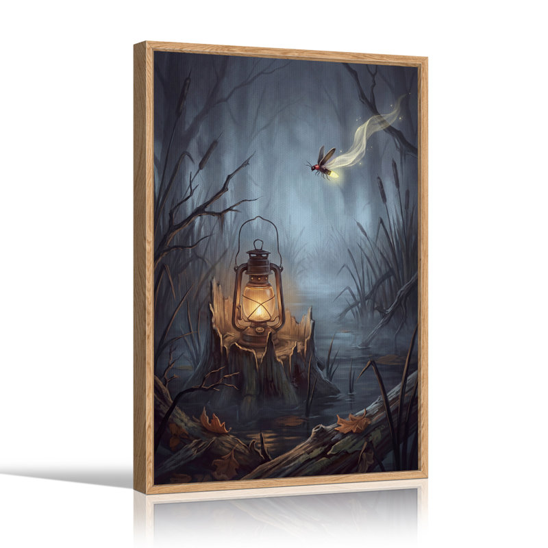 Tableau sur toile d'Halloween représentant un marais brumeux avec une lanterne et une luciole, 48"H x 36"W