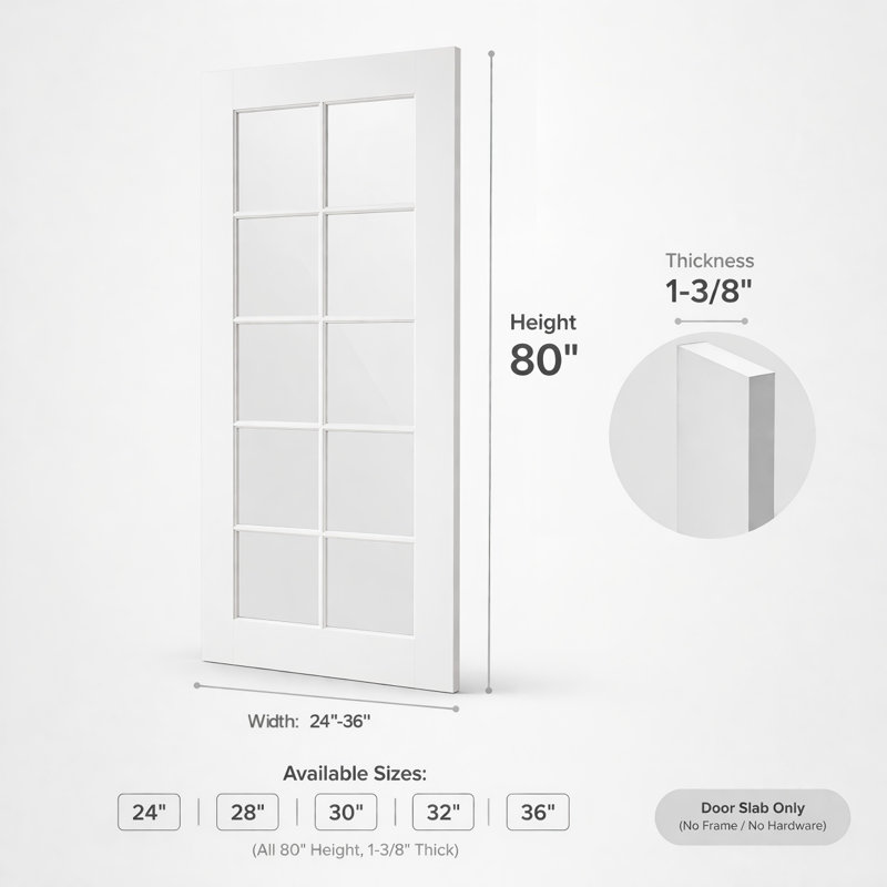Dalle de porte intérieure en verre transparent apprêté de 80 po de 10 po avec porte en bois manufacturé massif sans trousse de quincaillerie