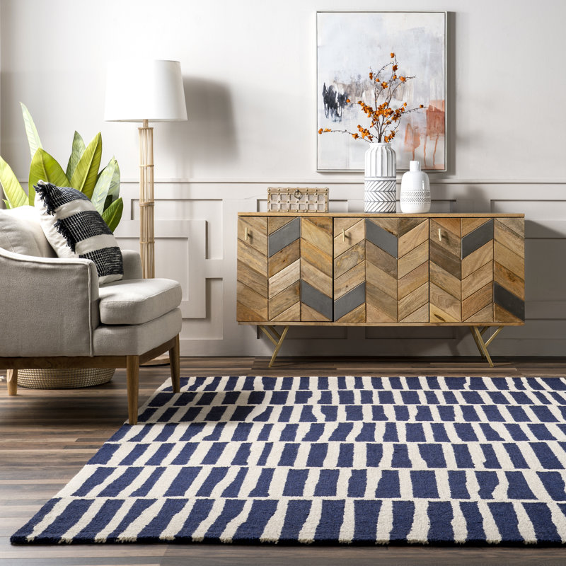 Tapis bleu marine / blanc en laine touffeté à la main Lauderhill, Rectangulaire 3 pi x 5 pi