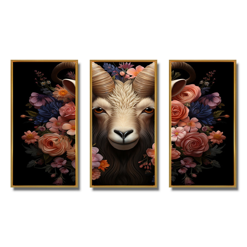 Portrait de chèvre rose et mauve, Cadre flottant doré, H 32 po x l 48 po