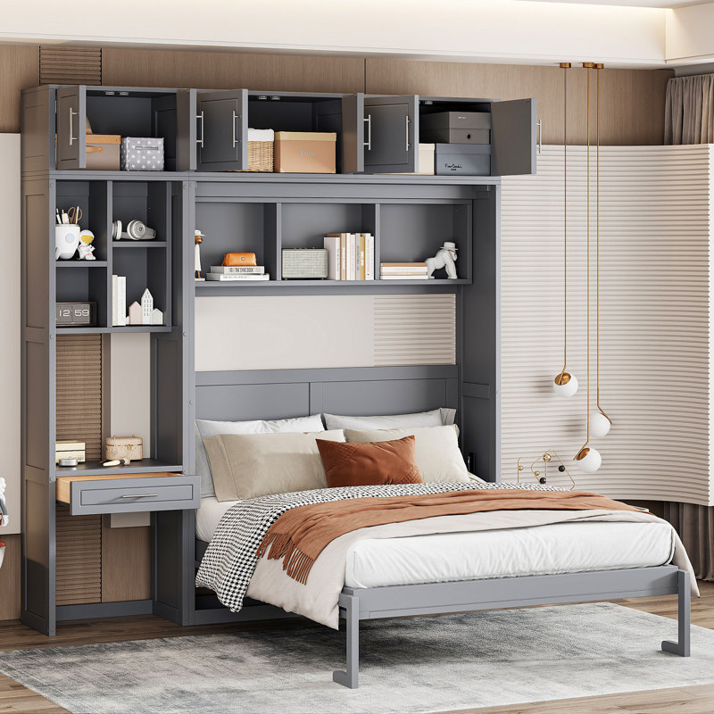 Lit escamotable avec bureau intégré et rangement, Gris, Grand