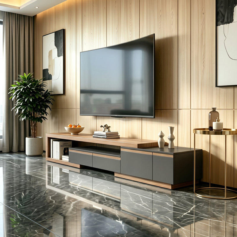 Eray Contemporary Extendable TV Stand with Walnut Veneer Top and Concealed Storage
