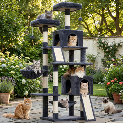 Tour pour chat 71 po à plusieurs niveaux pour grands chats adultes, cabane dans un arbre robuste, 2 planches à gratter, 7 poteaux, 2 perchoirs / condos en peluche, hamac, gris fumé