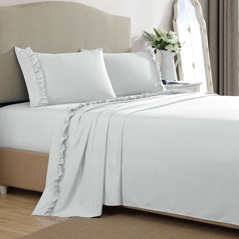 Ensemble de draps en microfibre à ourlet à volants ultra doux, Blanc, Ensemble de draps pour grand lit avec 2 taies d'or