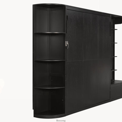 Queen Murphy Bed with Storage and Lights, Hidden Fold-Out Legs, Oak Veneer and Built-in Shelves, Black
