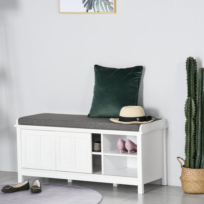HOMCOM Entryway Shoe Bench Storage Ottoman with Sliding Doors, Adjustable Shelving, 6 Compartments, and Padded Seat, Holds 10 Pairs, White