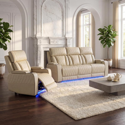 Canapé modulaire inclinable électrique en cuir pour le cinéma maison, canapé électrique inclinable avec alimentation sans fil, éclairage ambiant à DEL, porte-gobelets et rangement, canapé en cuir gonflable pour le confort du salon (beige) - ensemble 2 pièces (fauteuil et canapé)