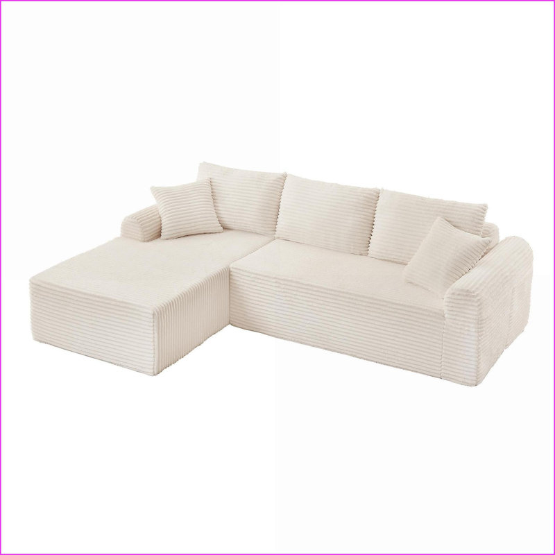 Canapé modulaire avec méridienne droite, canapé modulaire en velours côtelé avec accoudoirs arqués | Base antidérapante, 3 coussins de dossier, 2 coussins | Ivoire | Velours côtelé