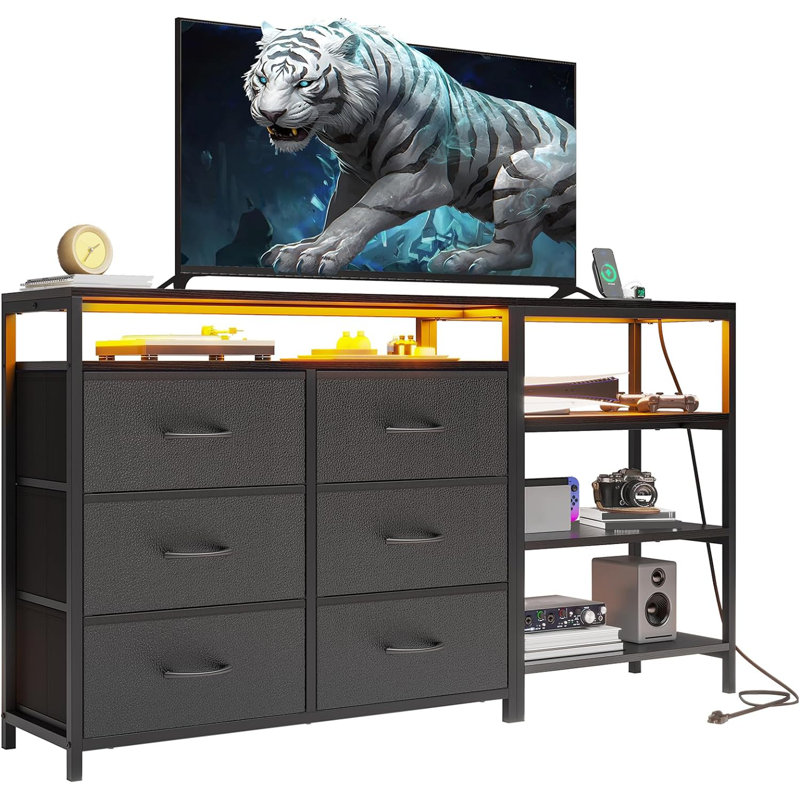 Led Tv Stand With Charging Station,convertible Dresser With Open Shelf & Pu Finish Drawers, Corner L Shaped Tv Stand Dresser For Living Room,bedroom