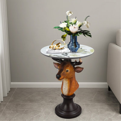 Elegant Deer Head Accent Table with Faux Marble Top, Durable Resin Construction for Stylish and Functional Home Decor