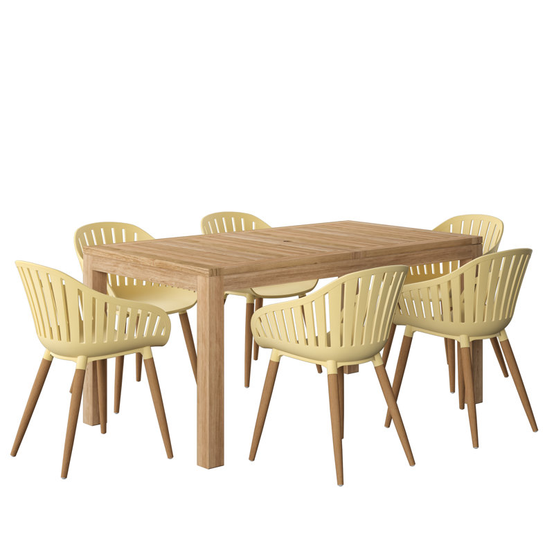 Ensemble repas d'extérieur en teck Dugas 7 pièces FSC, H 30 po x L 63 po x P 35 po, Jaune, 6