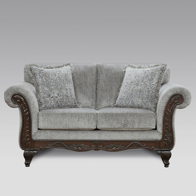 Halima Carved Wood Frame Loveseat, Gray
