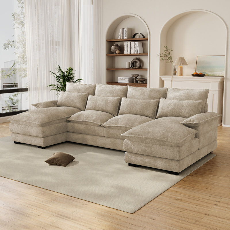 Canapé modulaire en U surdimensionné en chenille avec sièges profonds et coussins de dossier, Gris chenille
