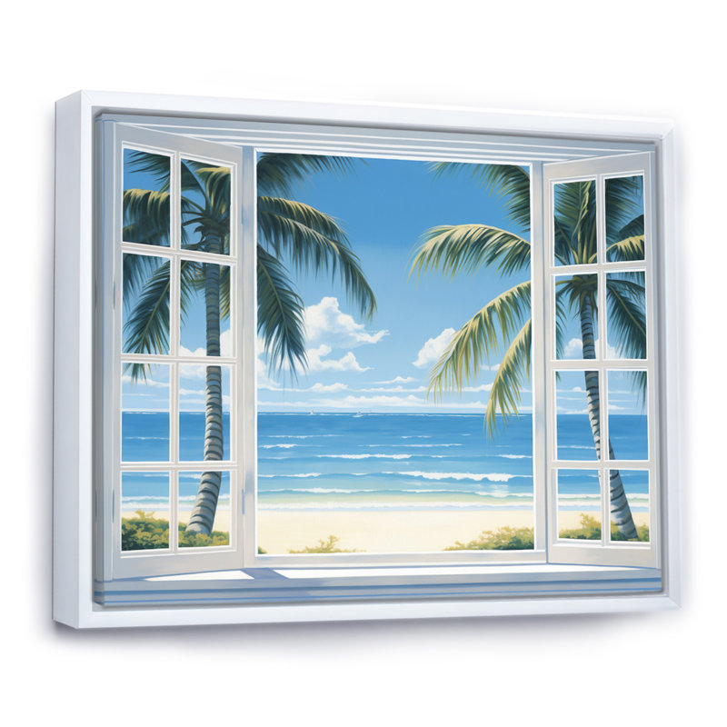 Vue sur l'océan par une fenêtre blanche ouverte I - art sur toile côtier, Cadre flottant blanc, H 30 po x l 40 po x P 1,5 po
