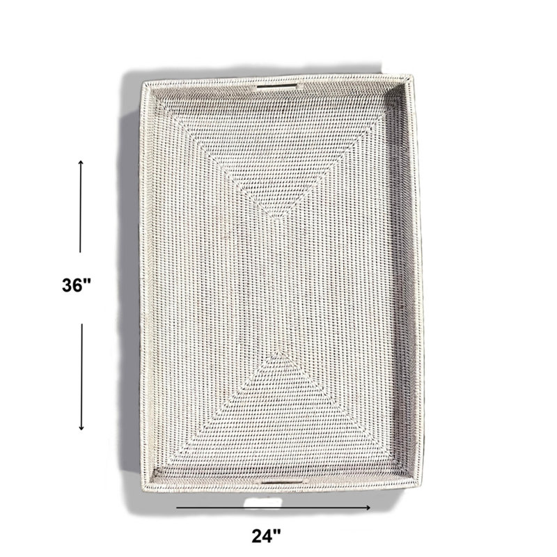 Plateau rectangulaire peu profond avec poignée, H 3 po x l 36 po x P 24 po, Blanc délavé
