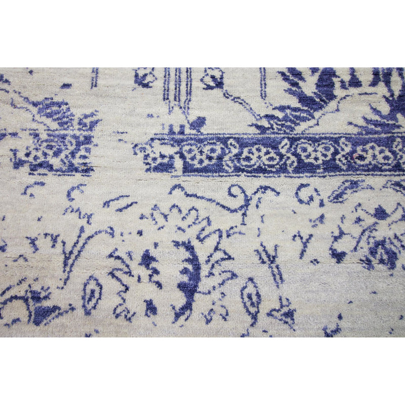 Tapis argenté / bleu foncé noué à la main de haute qualité, Rectangle 9 pi x 12 pi