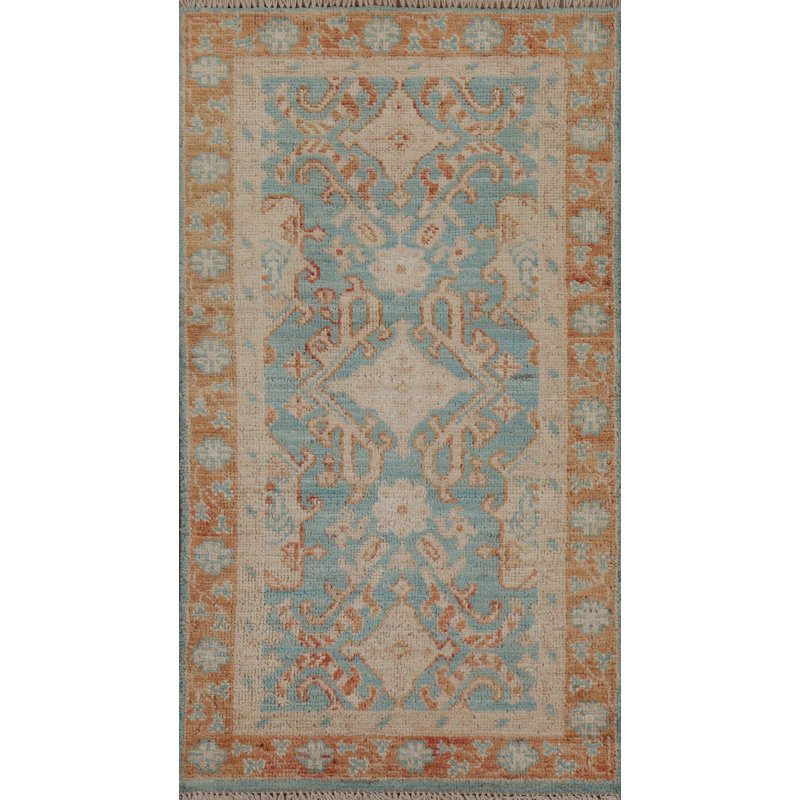 Tapis bleu en laine noué à la main de conception unique 2 pi 1 po x 3 pi 10 po New Age
