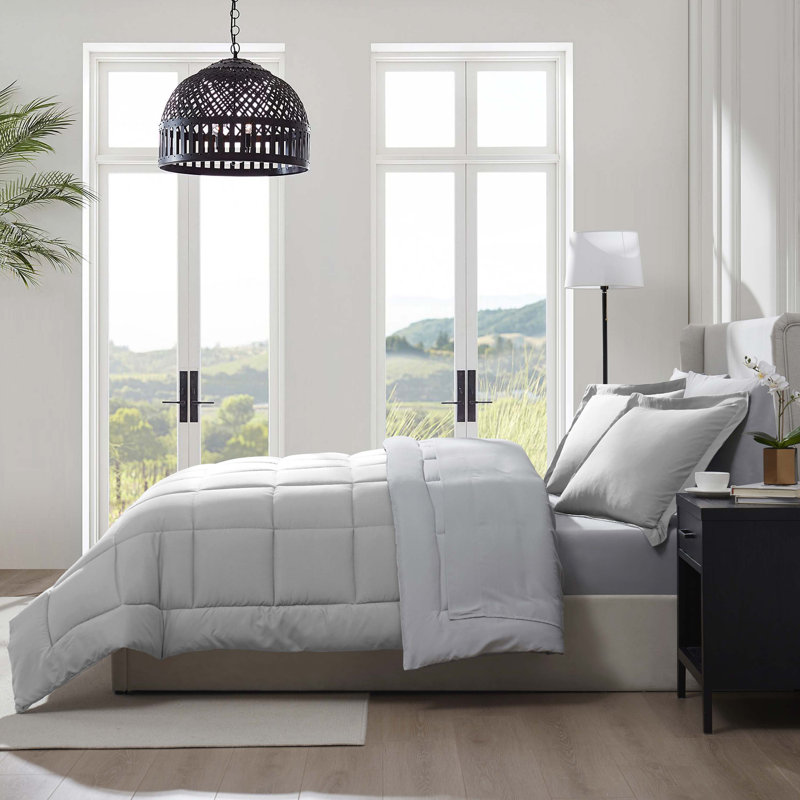 Bed-in-A-Bag Reversible Comforter Set with Bed Sheets, Light Gray, California King Comforter + 7 Additional Pieces
