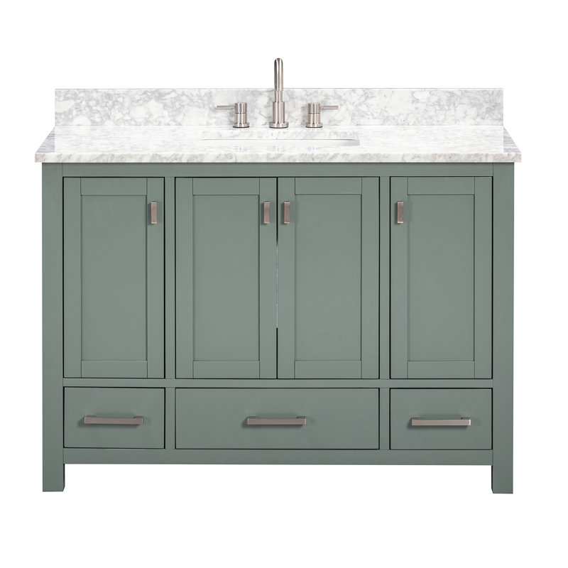 Modero 48" Single Bathroom Vanity with Top, Carrera White Marble, Brushed Nickel, Smoke Green