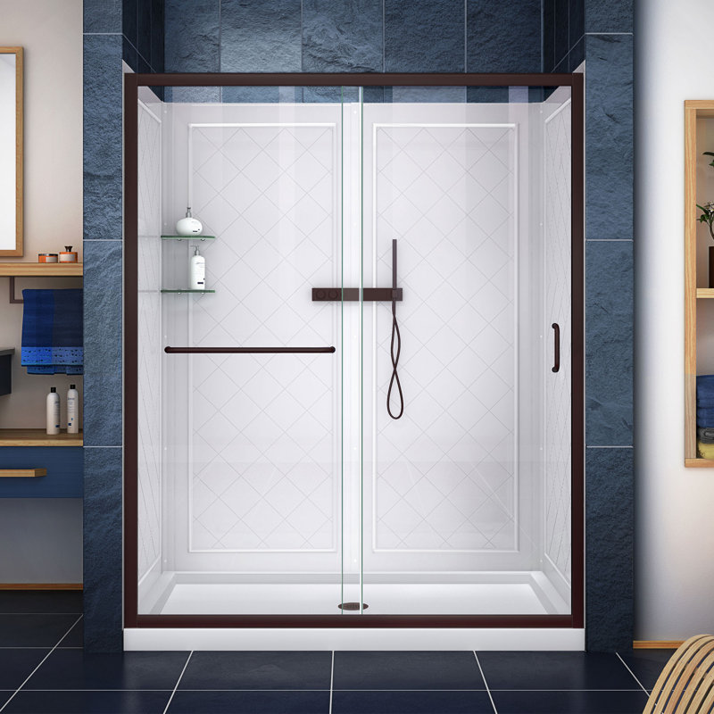 Infinity-Z 60" x 76.75" Rectangle Sliding Shower Enclosure with Base Included, Chrome, Center, Frosted Tempered