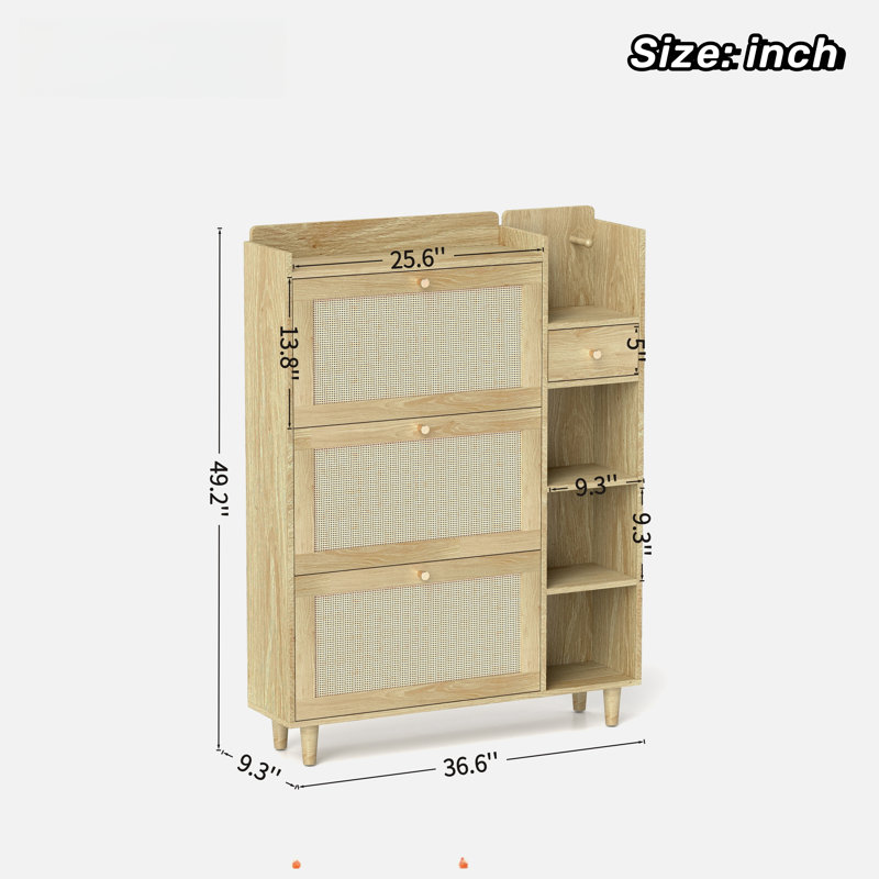 Bohemia Style Shoe Cabinet With 3 Rattan Flip Drawers, 3 Square Shelves And 1 Storage Drawer And Key Hooks, Natural Wood