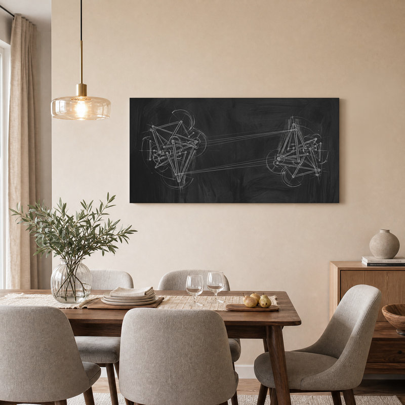Mécanisme géométrique blanc sur toile tableau noir, 40“W x 20”H