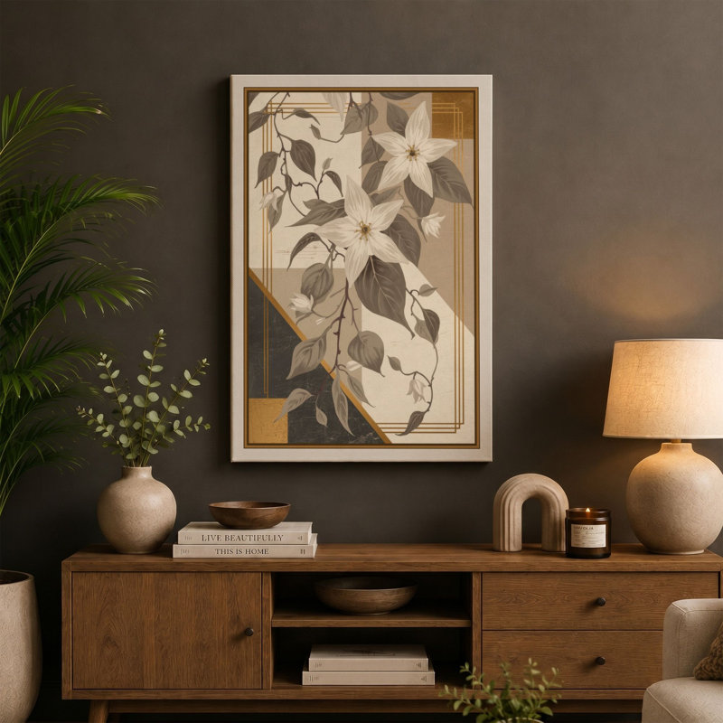 Framed Clematis Study Botanical - Wrapped Canvas, 36x24 - 91.4 x 61.0 cm, Teal Border