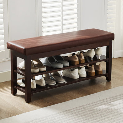 40" Solid Wood Shoe Bench with Cushion, 2-Tier Entryway Storage Bench