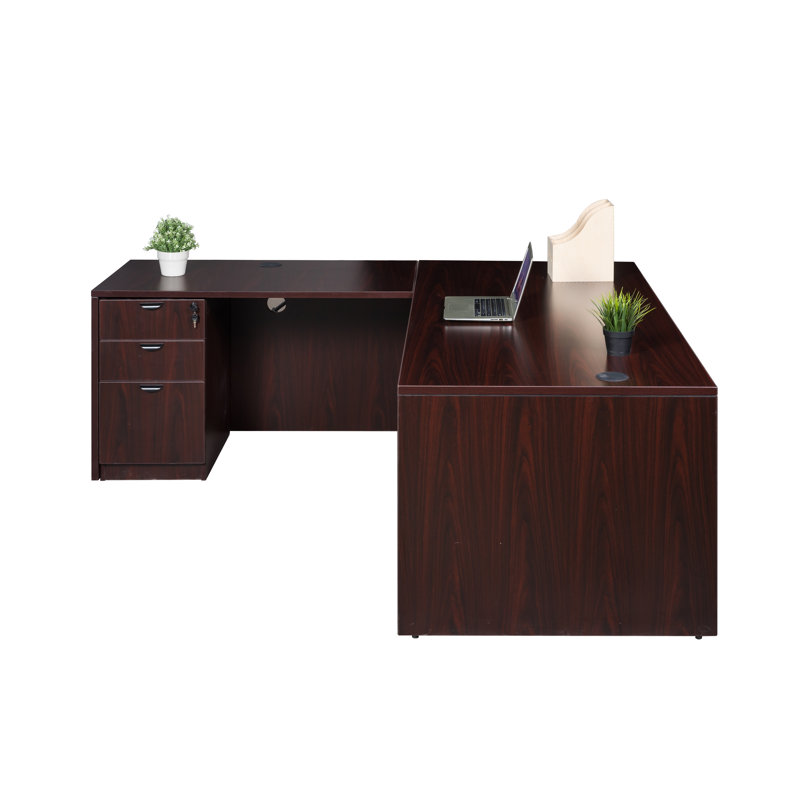 L shaped Office Executive Desk with File Cabinets, Mahogany, 71"W X 36"D X 29.5"H