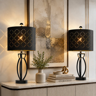 Anja 24.6" Modern Glam Metal Table Lamp Set with USB Type-C Ports and Black Shade