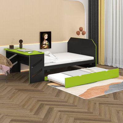 Lit de jour double en bois avec lit gigogne simple, lit de jeu avec bureau et port USB pour enfants adultes, conception peu encombrante