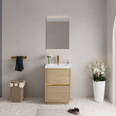 Meuble-lavabo autoportant avec lavabo en résine de pierre et armoire à finition brillante