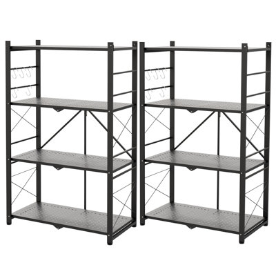 Foldable Storage Shelf with 5 Hooks, 4-tier Collapsible Organization Storage Rack Bookshelf Folding Pantry Shelves Cube Shelf Wire Shelving