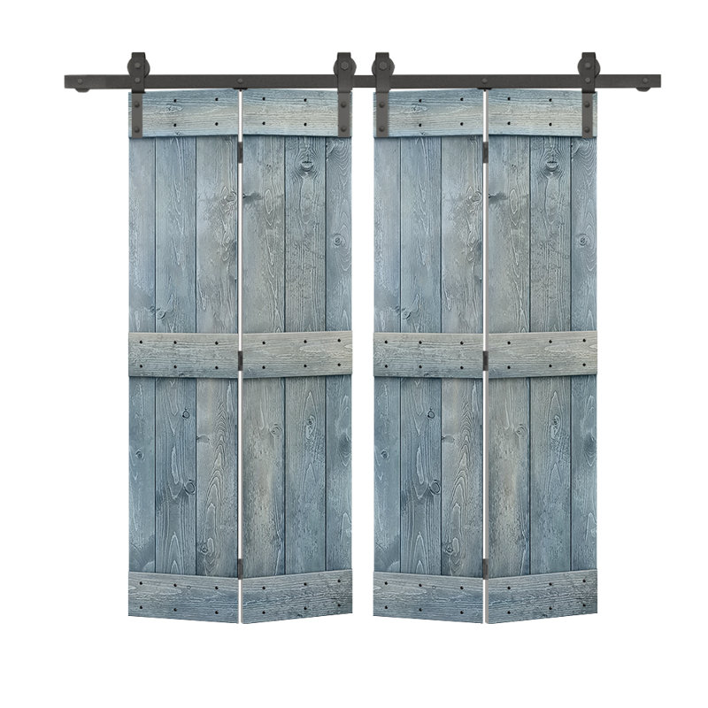 Portes de grange à deux volets en bois bricolage avec quincaillerie coulissante DIY, 40 po x 84 po, Bleu denim