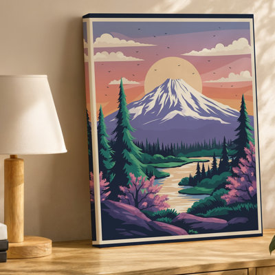 Canvas A Vibrant Stylized Landscape Featuring A Majestic Snow Capped Mountain Wall Art Rising Prominently Against A Pastel Sunset Sky Canvas Wall Art