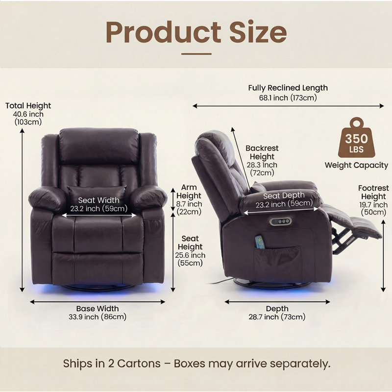 Dual-Motor Swivel Glider Power Recliner With Massage And Heat, LED Light Strips, Chestnut Brown