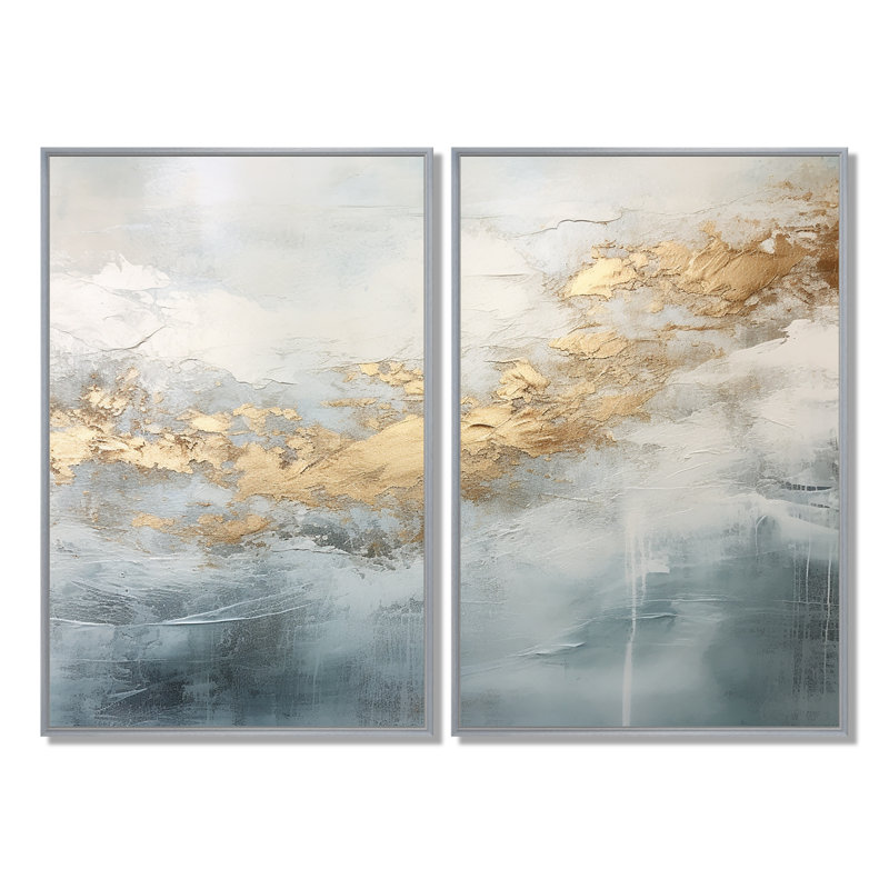 Beige bleu or océan tempête V - impressions sur toile dorées, H 36 po x l 48 po, Impression encadrée flottante, Argent argent