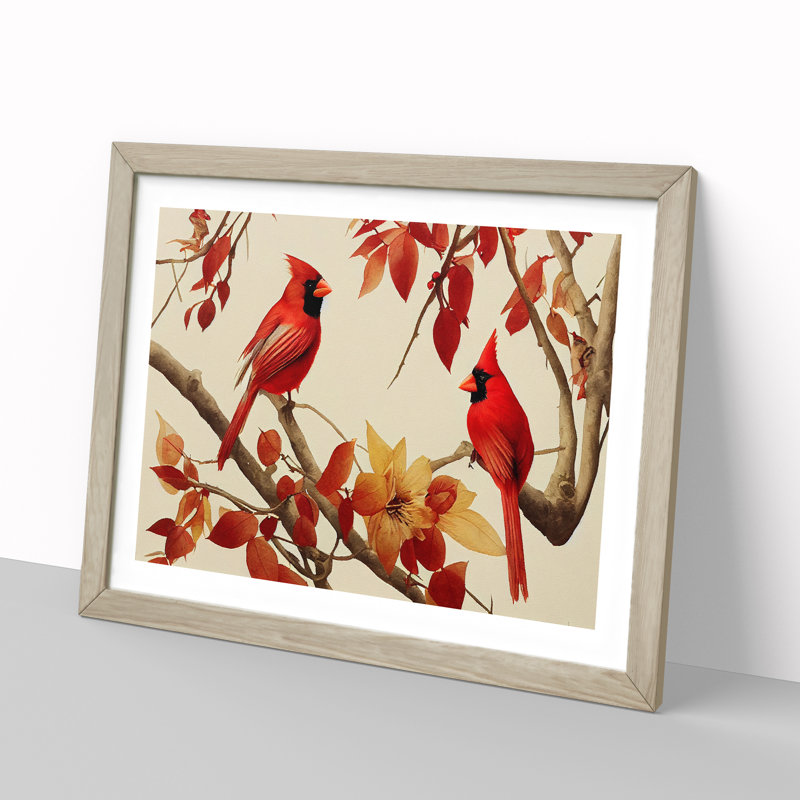 Watercolour Cardinal Birds - Single Picture Frame Print, Oak Framed, 34cm H x 46cm W x 2cm D