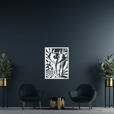 Art mural détaillé détaillé avec éléphant et feuilles d'arbre - ACM blanc (32 po x 24 po)