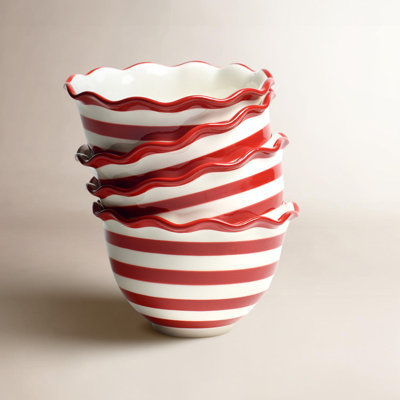 Red Stripe Ruffle Earthenware Cereal Bowl