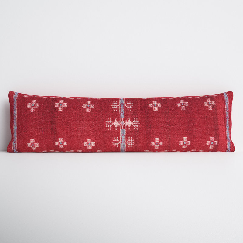 Red Wool Blend Embroidered Lumbar Pillow with Cotton Back