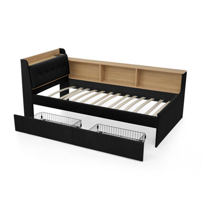 Twin Size Upholstery Velvet Day Bed With Storage Headboard And Wireless Charging, Multi-Functional Daybed With Two Storage Drawers & LED Lights, Black