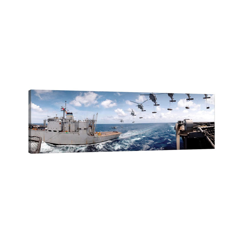 SH-60 Helicopters Transfer Ammunition Between USS Harry S. Truman And USNS Mount Baker - Wrapped Canvas Panoramic Print