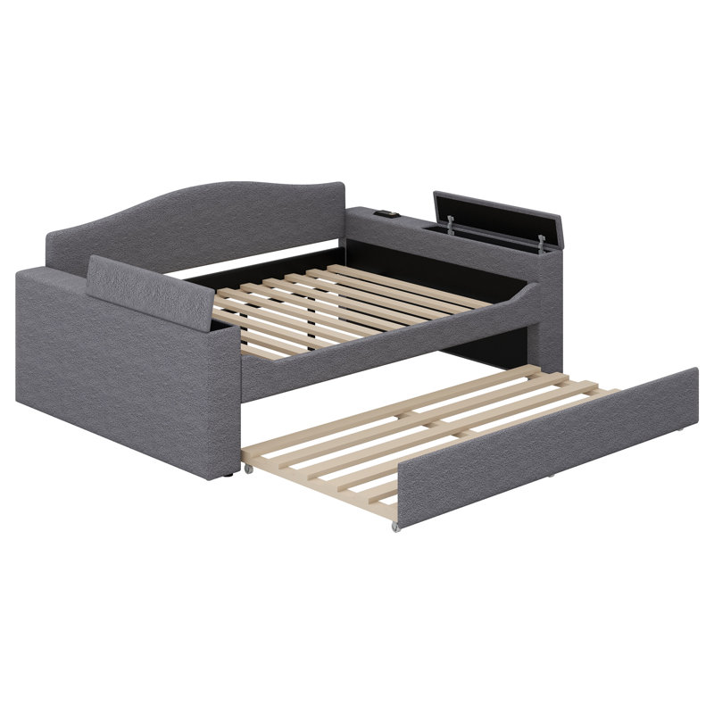 Upholstered Daybed With Storage Armrests, Trundle And Latest Integrated Bluetooth Audio System, Gray