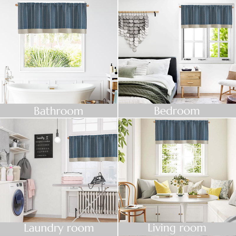 Linen Striped Valance Curtain Farmhouse Double Layer Valance, Blue, 50" W x 16" L
