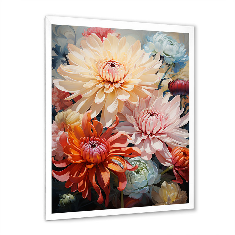 Mums Flow Curved Stems On Canvas Print, White Single Picture Framed, 32" H x 16" W x 1" D